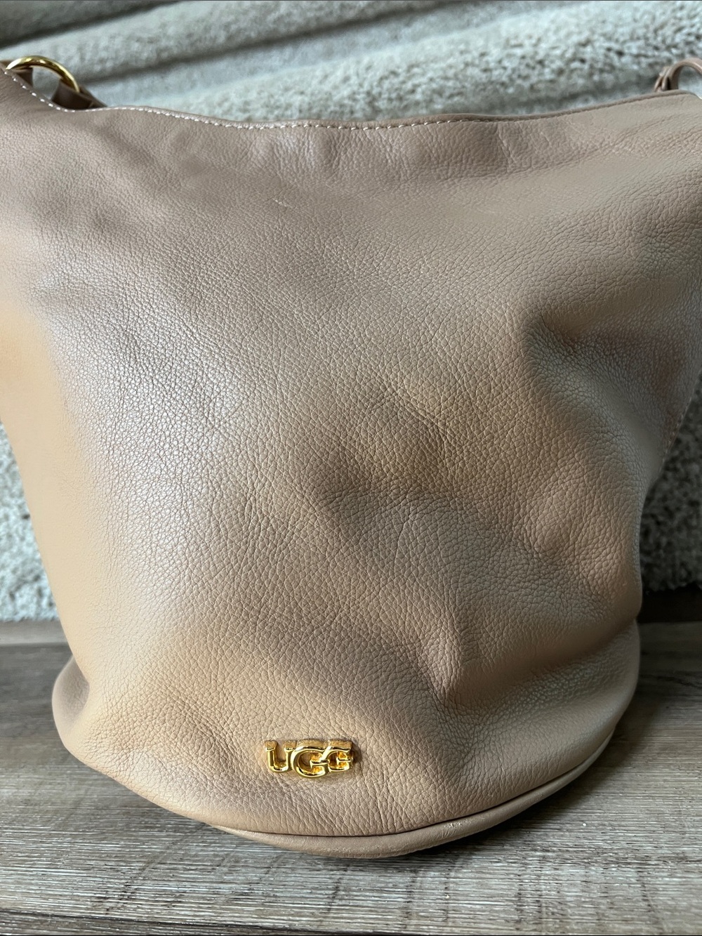 UGG Neutral Taupe Pebbled Leather Shoulder Bag with Tassel